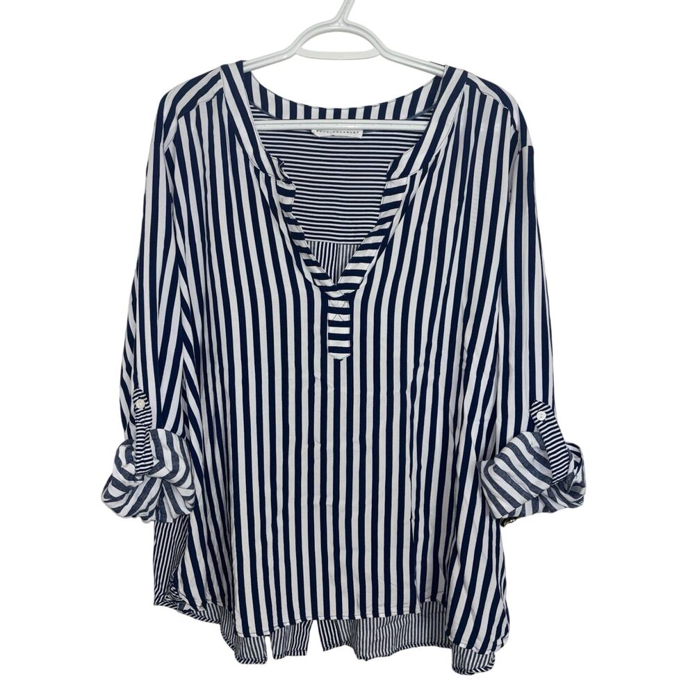 Jane Delancey Navy White Striped Roll Tab Sleeve Top 3X Nautical Coastal - Picture 3 of 8